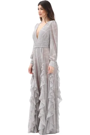 Elisabetta Franchi Kleedjes, Dames, Grijs, XL, Lange witte jurk met V-hals