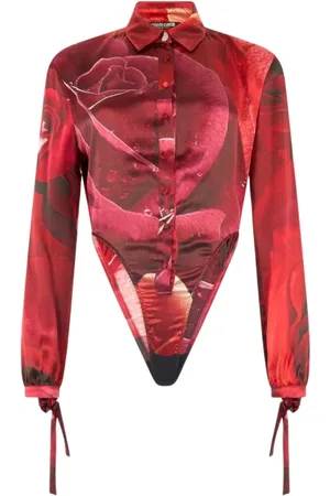 Roberto Cavalli Tops, Dames, Rood, S, Zijden Bodysuit Shirt met Tuinrozenprint