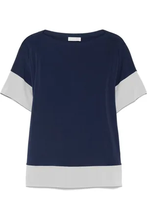 LE TRICOT PERUGIA Tops, Dames, Blauw, XL, Beige Boat Neck T-shirt met korte mouwen