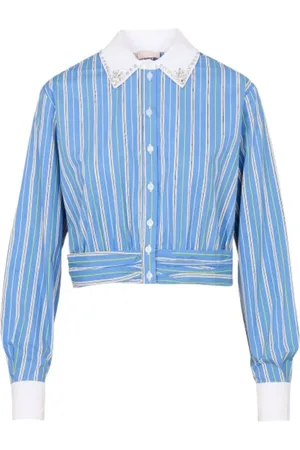 Liu Jo Blouses & Shirts, Dames, Blauw, L, Katoen, Gestreepte Katoenen Crop Shirt met Strass