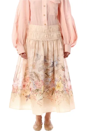 ZIMMERMANN Rokken, Dames, Veelkleurig, S, Linnen, Hoge taille Ivoor Tropische Midi Rok