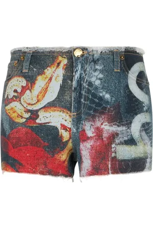 Roberto Cavalli Korte broeken, Dames, Veelkleurig, L, Denim, Denim Shorts met Rozen en Slangen