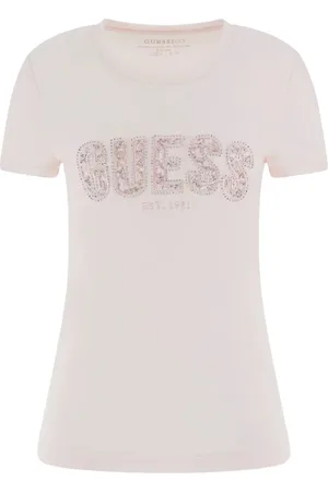Guess Tops, Dames, Roze, XS, Katoen, Logo Lace Tee Slim Fit Jersey T-Shirt