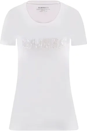 Guess Tops, Dames, Wit, S, Katoen, Paillet Logo Katoenen T-shirt