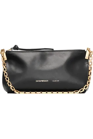 Emporio Armani Tassen, Dames, Zwart, ONE Size, Leer, Vintage stijl leren handtas met gouden accenten