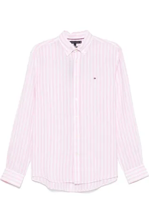 Tommy Hilfiger Overhemden, Heren, Roze, XL, Roze Gestreept Geborduurd Overhemd