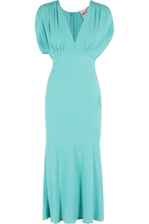 SEMICOUTURE Kleedjes, Dames, Blauw, S, Oceaanblauwe V-hals Midi Jurk