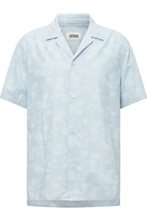 Drykorn Overhemden, Heren, Blauw, S, Katoen, Blauw overhemd met korte mouwen palm patroon Cubaanse kraag