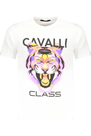 Roberto Cavalli Tops, Heren, Wit, XL, Katoen, T-shirt met opvallende print