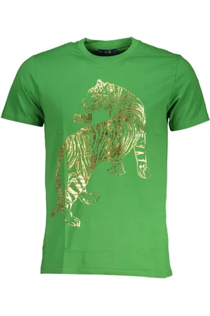 Roberto Cavalli Tops, Heren, Groen, 2Xl, Katoen, Groen Katoen Bedrukt Logo T-Shirt