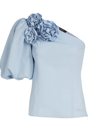 Karl Lagerfeld Blouses & Shirts, Dames, Blauw, M, Katoen, Asymmetrische designblouse met bloemendecoratie