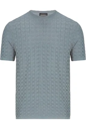 Emporio Armani Truien, Heren, Blauw, L, Luxe Gebreid T-shirt met Korte Mouwen