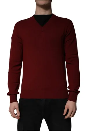 Dolce & Gabbana Truien, Heren, Bruin, M, Maroon Cashmere V-neck Pullover Sweater