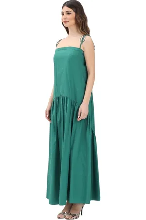 Max Mara Kleedjes, Dames, Groen, L, Katoen, Groene Lange Jurk met Gerimpeld Ontwerp
