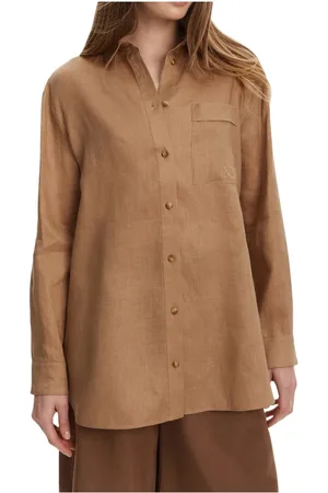 Max Mara Blouses & Shirts, Dames, Bruin, M, Linnen, Zandbruin Linnen Shirt met Logo Borduursel