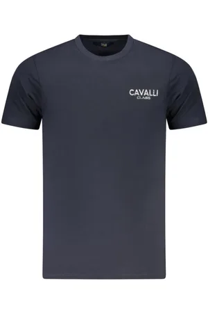 Roberto Cavalli Tops, Heren, Blauw, L, Katoen, Blauw Print Korte Mouw T-shirt
