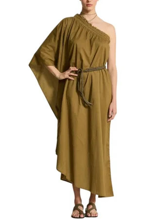 MARE DI LATTE Kleedjes, Dames, Groen, ONE Size, Katoen, Asymmetrische Katoenen Kimono Donker Amber