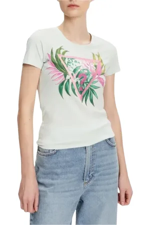Guess Tops, Dames, Groen, XS, Katoen, Blad Driehoek Tee Groen Ronde Hals