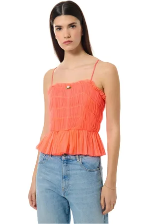 Manoush Tops, Dames, Oranje, M, Nylon, Prachtige Nylon Gerimpelde Gestikte Jurk
