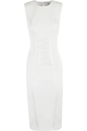 Elisabetta Franchi Kleedjes, Dames, Wit, M, Katoen, Cacao Midi Jurk met Korset Effect