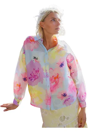 Crās Blouses & Shirts, Dames, Veelkleurig, M, Polyester, Gedrukte Overhemd met Wijde Mouwen