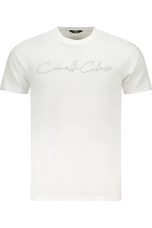 Roberto Cavalli Tops, Heren, Wit, XL, Katoen, T-shirt met opvallende print