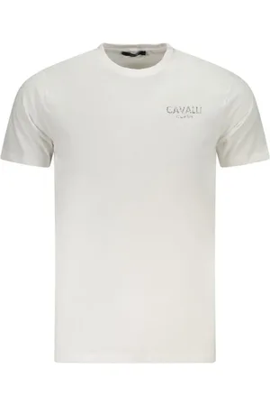 Roberto Cavalli Tops, Heren, Wit, L, Katoen, Gedurfd Print Crew Neck T-Shirt