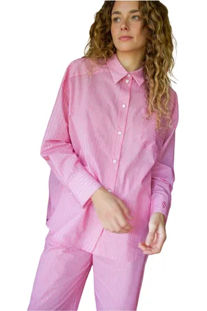Crās Blouses & Shirts, Dames, Roze, M, Katoen, Gestreepte Oversized Shirt met Fonkelende Stenen