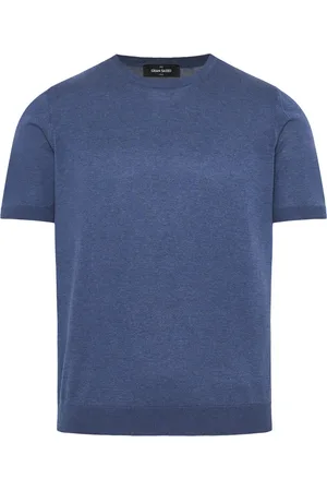 Gran Sasso Tops, Heren, Blauw, XL, Gebreid zijden T-shirt met 3 knopen