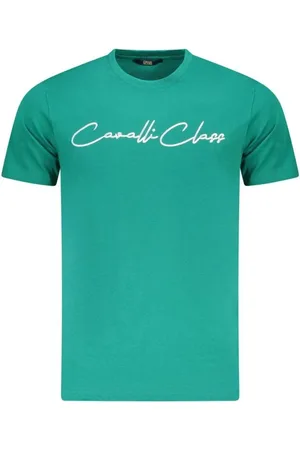Roberto Cavalli Tops, Heren, Groen, 2Xl, Katoen, Crew Neck T-Shirt met Handtekeningprint