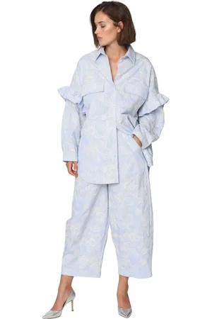Crās Broeken, Dames, Blauw, XL, Katoen, Bloemenborduurwerk Wijde Pijp Broek