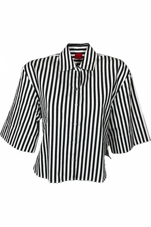 HUGO BOSS Blouses & Shirts, Dames, Zwart, S, Katoen, Gestreepte blouse met wijde mouwen