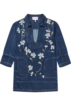 Munthe Kleedjes, Dames, Blauw, 2Xl, Denim, Elegante denim jurk met bloemenpatroon