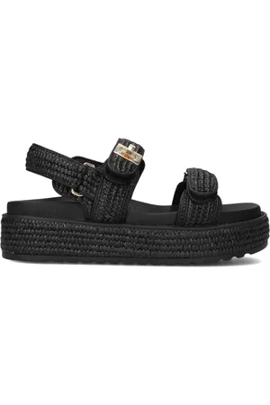Steve Madden Schoenen, Dames, Zwart, 38 EU, Leer, Zwarte platte sandalen met plateauzool