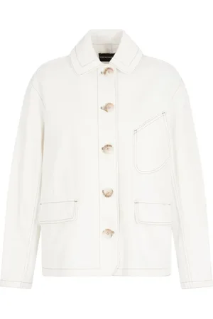 Emporio Armani Jassen, Dames, Wit, M, Katoen, Crème Katoenen Denim Jack met Contraststiksels