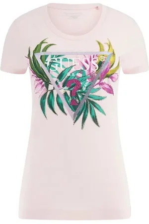 Guess Tops, Dames, Roze, XS, Katoen, Blad Driehoek Tee Katoenen T-Shirt