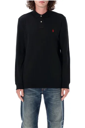 Ralph Lauren Tops, Heren, Zwart, M, Katoen, Aangepaste pasvorm polo met lange mouwen