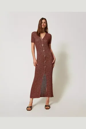 Twin-Set Kleedjes, Dames, Bruin, M, Polyester, Gebreide Jurk met Lurex en Perforatie