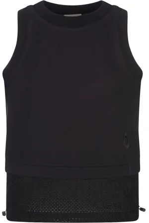 Moncler Tops, Dames, Zwart, XS, Katoen, Zwarte Katoenen Geribbelde Geborduurde Top