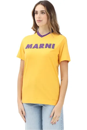 Marni Tops, Dames, Geel, XS, Katoen, Gele V-hals T-shirt met paars logo