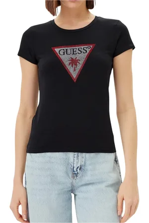 Guess Tops, Dames, Zwart, XS, Katoen, Driehoek Strass Korte Mouw Tee