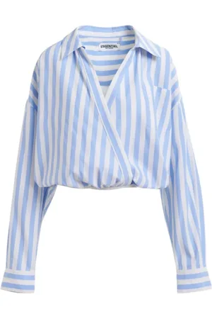 Essentiel Antwerp Blouses & Shirts, Dames, Blauw, M, Katoen, Gestreepte wikkelblouse met diepe V-hals