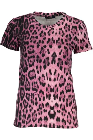 Roberto Cavalli Tops, Dames, Roze, XS, Gestreept T-shirt met logo
