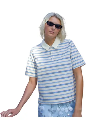 Crās Tops, Dames, Veelkleurig, XL, Katoen, Gestreepte Polo Blouse in Creamy Blue