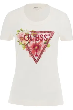 Guess Tops, Dames, Wit, S, Katoen, Driehoek Kralen T-shirt Katoen Stretch Slim Fit