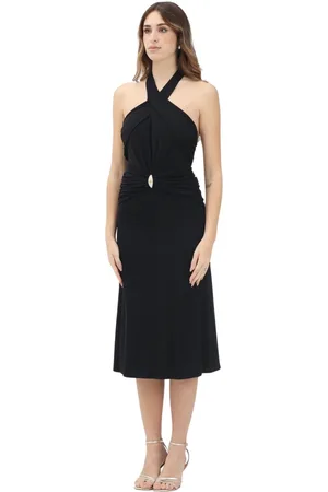 Elisabetta Franchi Kleedjes, Dames, Zwart, L, Zwarte Midi Jurk met Gekruiste Halslijn