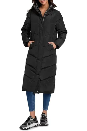 Guess Mantels, Dames, Zwart, M, Gewatteerde jas met capuchon en knoopsluiting