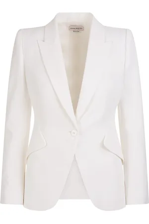 Alexander McQueen Jassen, Dames, Wit, S, Leer, Witte Crepe Jas met Peak Revers