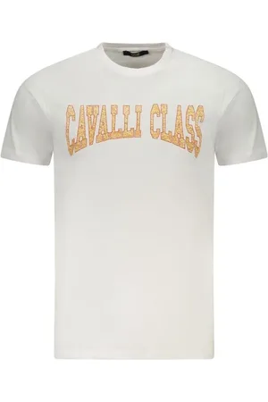 Roberto Cavalli Tops, Heren, Wit, L, Katoen, Luxe Katoenen T-shirt met Gedurfd Print