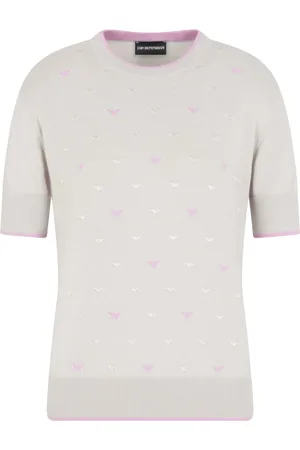 Emporio Armani Truien, Dames, Grijs, L, Katoen, Elegante Gebreide Trui met Korte Mouwen